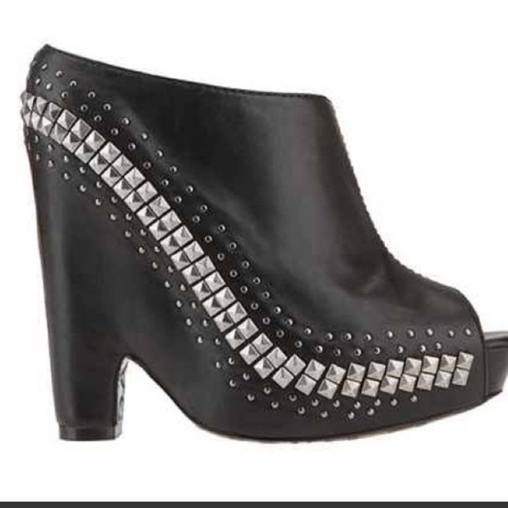 Sam Edelman Black Leather Studded Wedge Peep Toe Booties Silver Studs 6.5